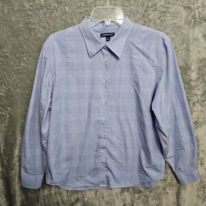 Lands End Women's 14 Blue Blouse plaid windowpane poly blend long sleeve VTG